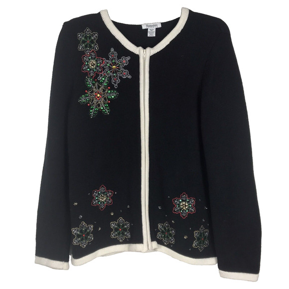 Hampshire Studio Christmas Sweater Black Full Zip Embroidered Snowflakes Bead PM - Picture 1 of 10